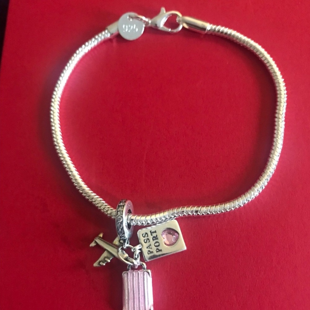 Sterling Silver Travel Charm Bracelet with Pink Accents